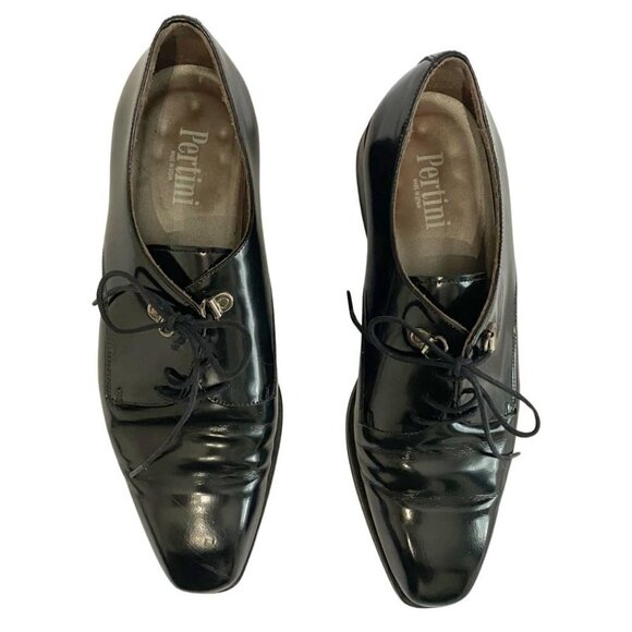 PERTINI WOMEN'S BLACK GLOSSY LEATHER LACE UP LOAFERS - 7 - Picture 4 of 8